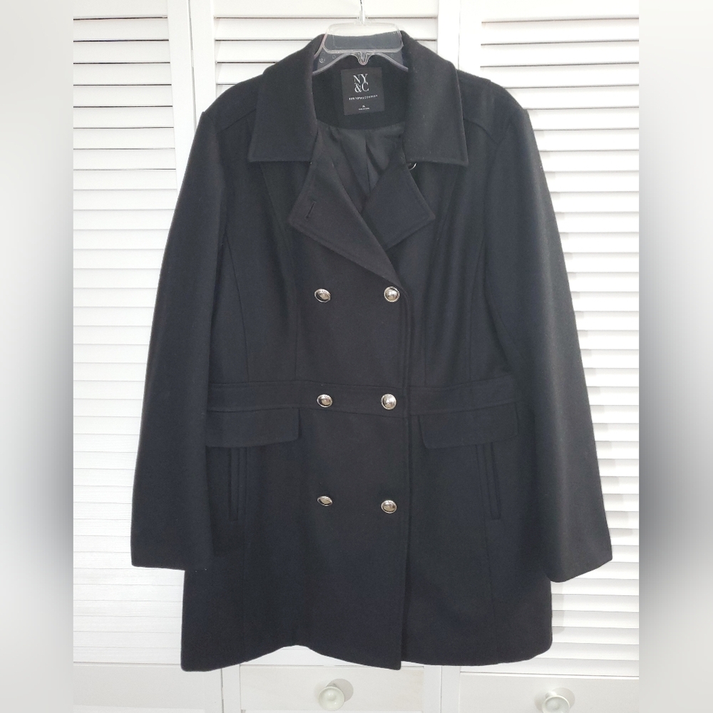 New York & Co Women's Black Double-Breasted Wool Coat Size XL